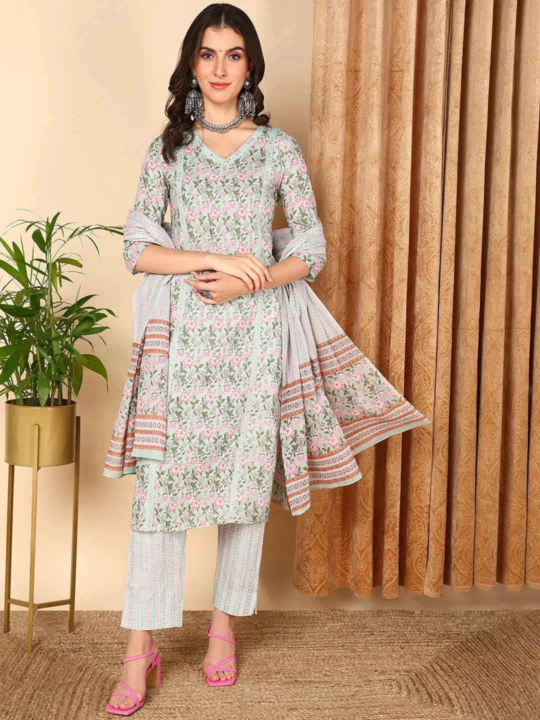 Ahika Women Sea Green Pure Cotton Floral Printed Kurta Trouser With Dupatta-VKSKD2005_M Trousers Capri Summer Ahika Women Sea Green Pure Cotton Floral Printed Kurta Trouser With Dupatta-VKSKD2005_M Trousers Capri Summer