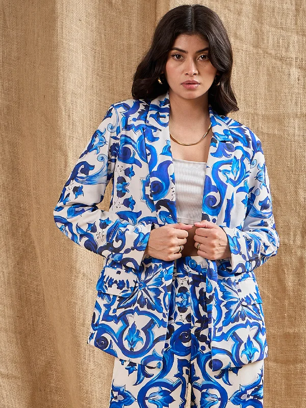 Women Blue Floral Printed Shawl Collar Blazer Soft Printed Shawl Wrap