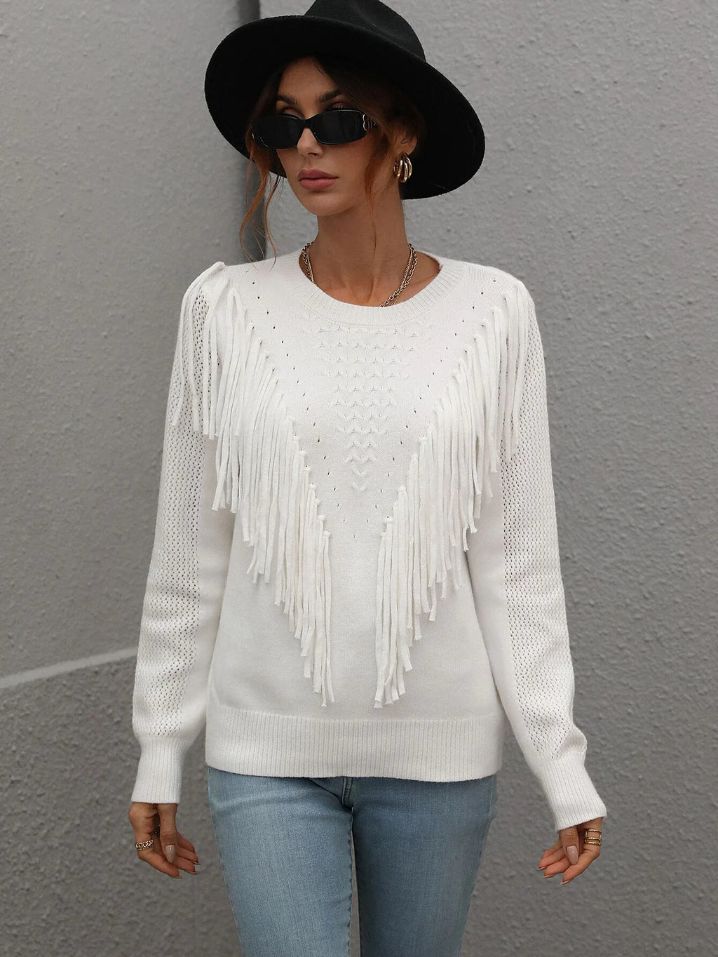 FASHION LOOSE SOLID COLOR FRINGED PULLOVER SWEATER Deep Neck Pullover