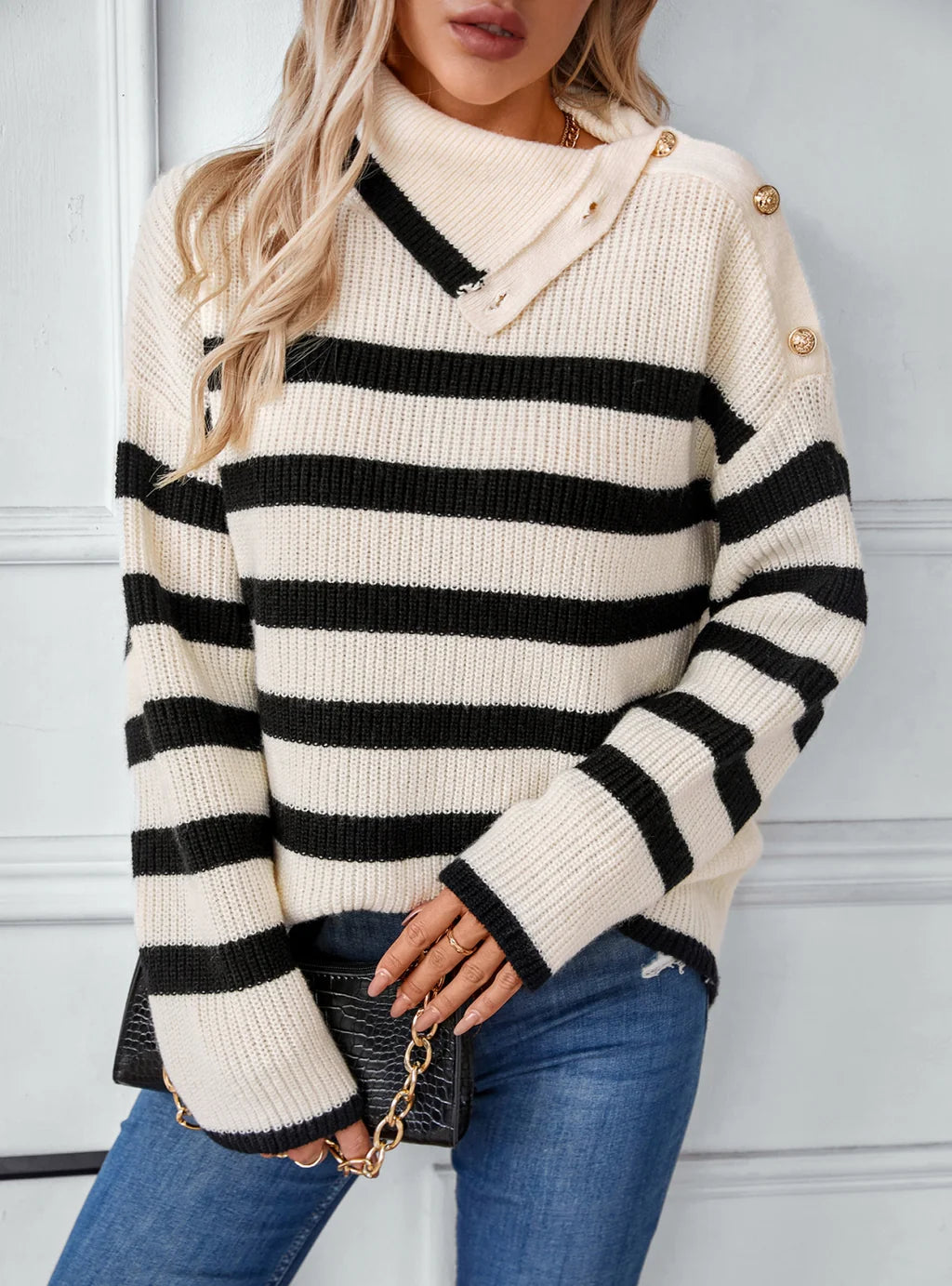 Striped Lapel Pullover Button Sweater Scalloped Neck Pullover