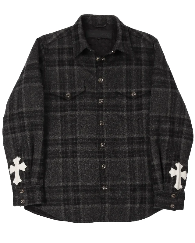 Leather Cross Patch Wool Jacket Shirt Front Pockets Side Pockets Patch Pockets