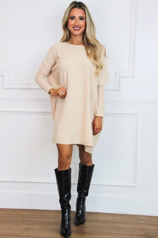 So Cozy Boat Neck Tunic Sweater: Beige Slim Fit Regular Fit Oversized