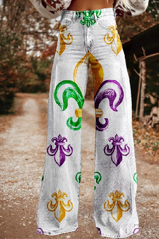 Vintage Mardi Gras Print Wide Leg Trousers Trousers Sale Discount