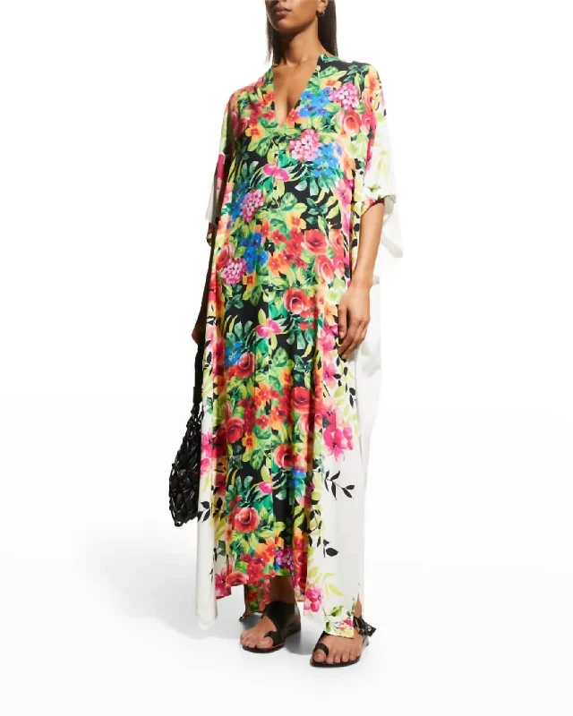 Dana Swim Cover-Up Side Slit Pullover Kaftan Maxi Dress In Multi Shawl Collar Sweater