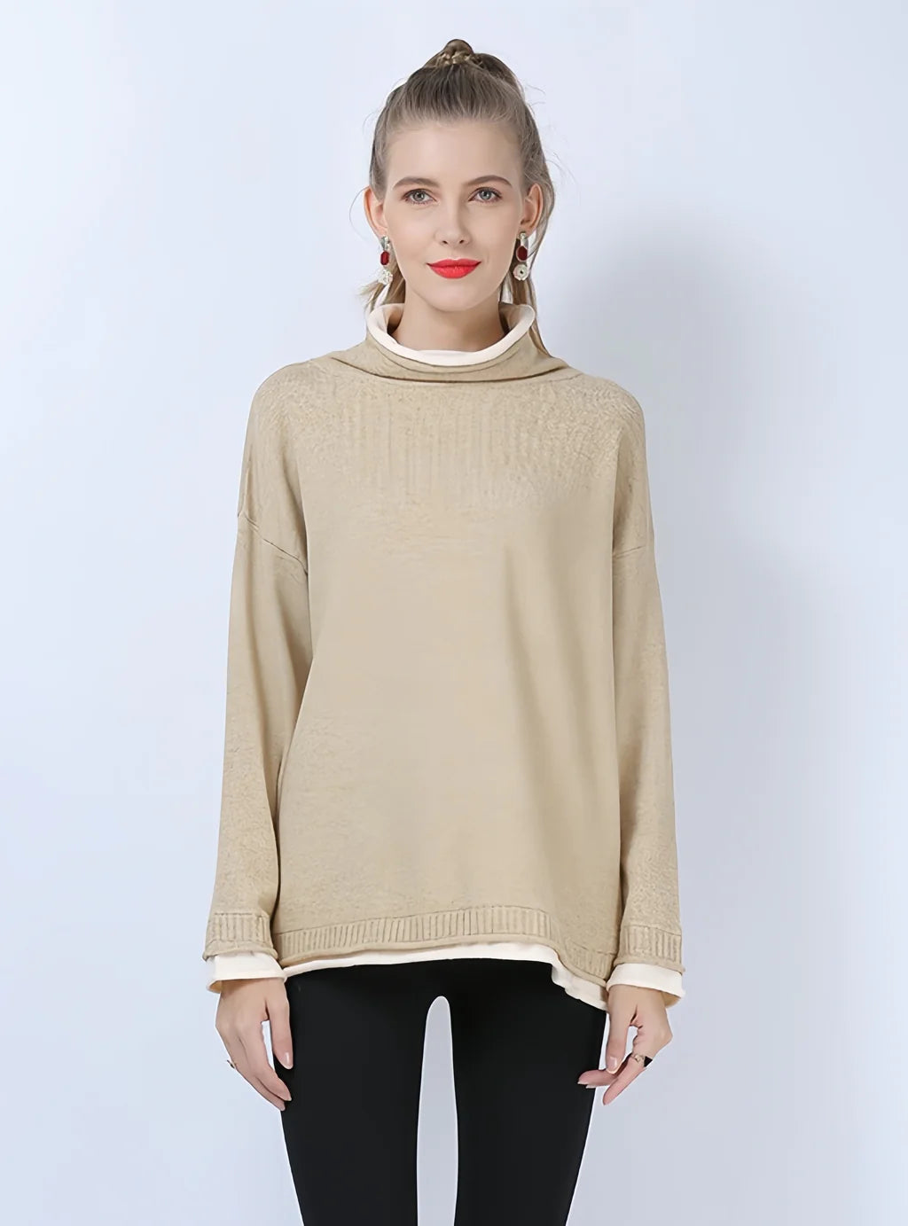 FASHION PILE NECK ELASTIC KNITTED LOOSE PULLOVER SHIRT Long Bell Sleeve