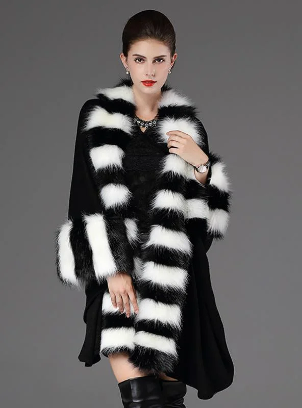 LOOSE FOX LIKE FUR COLLAR KNITTED SHAWL CAPE COAT Lightweight Cotton Shawl