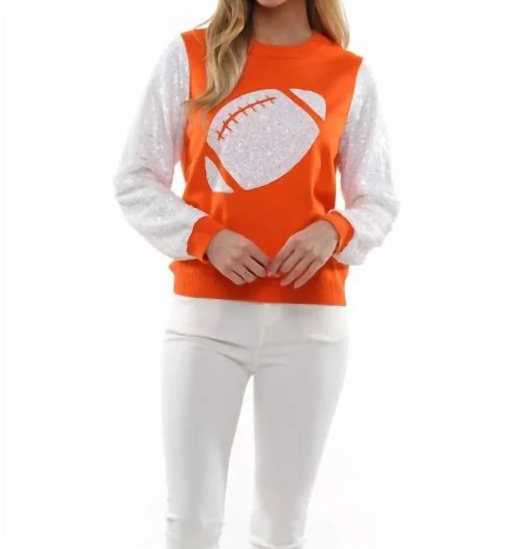 Football Sequin Sleeve Pullover In Orange/white Set Sleeve Pullover