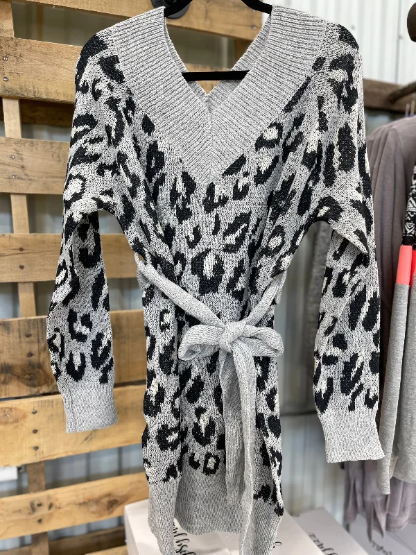 Grey Leopard Sweater Dress Fitted Slim Tailored