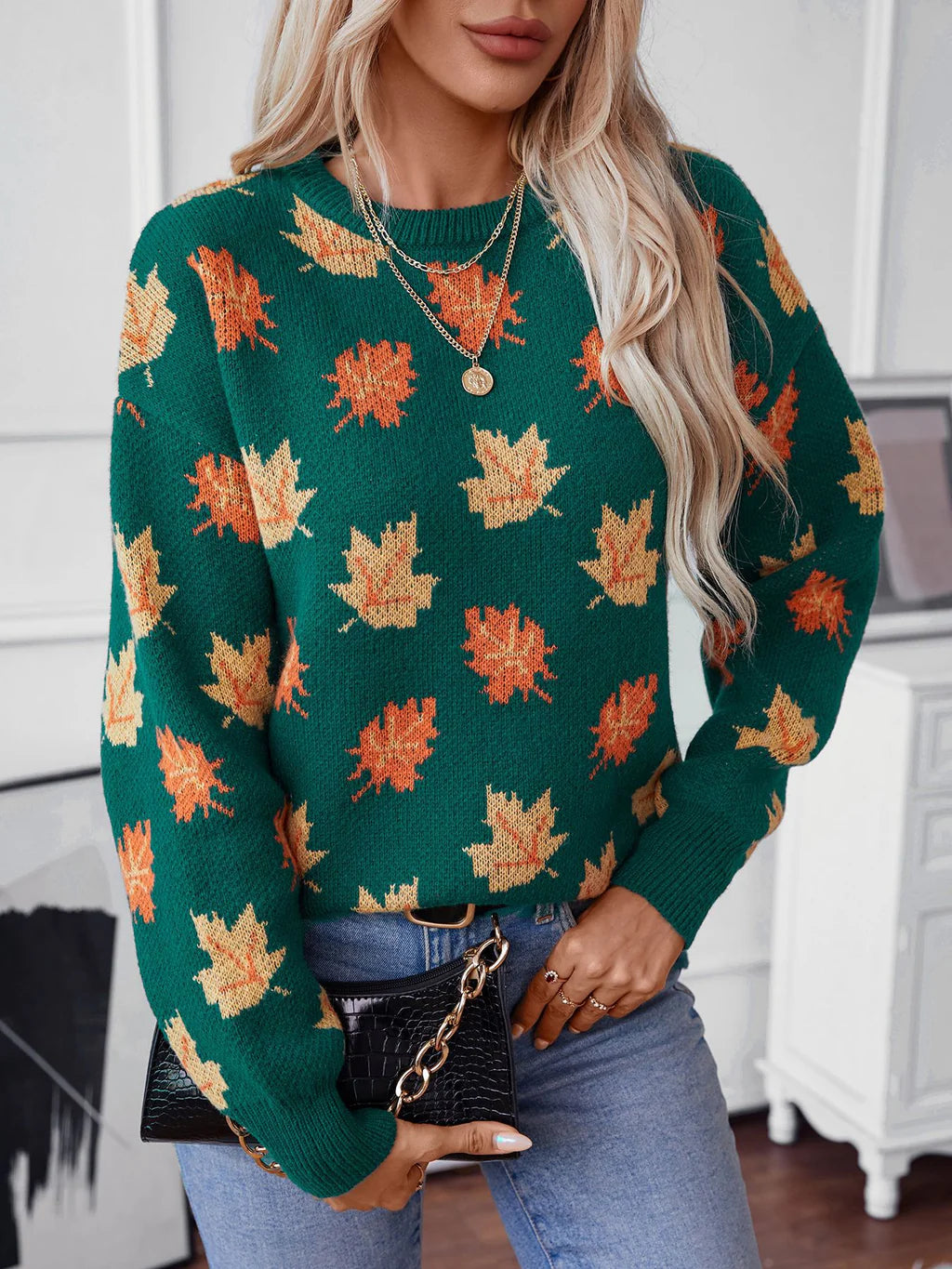 Maple Leaf Pattern Jacquard Leisure Pullover Sweater Turtleneck Warm Pullover