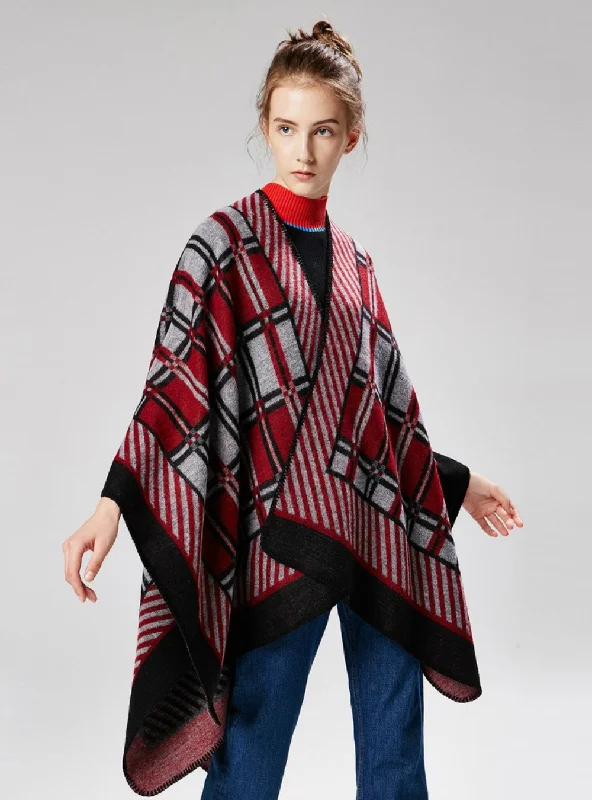 DIAGONAL SMALL PLAID CASHMERE LIKE RETRO SPLIT SHAWL Cozy Knit Shawl Cape