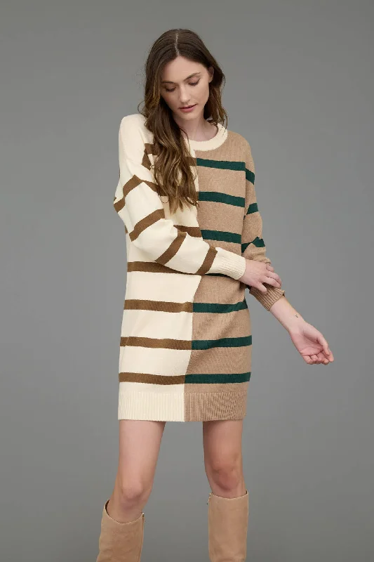 STRIPE COLORBLOCK LONG SLEEVE MINI SWEATER DRESS High Neck Crew Neck V-Neck