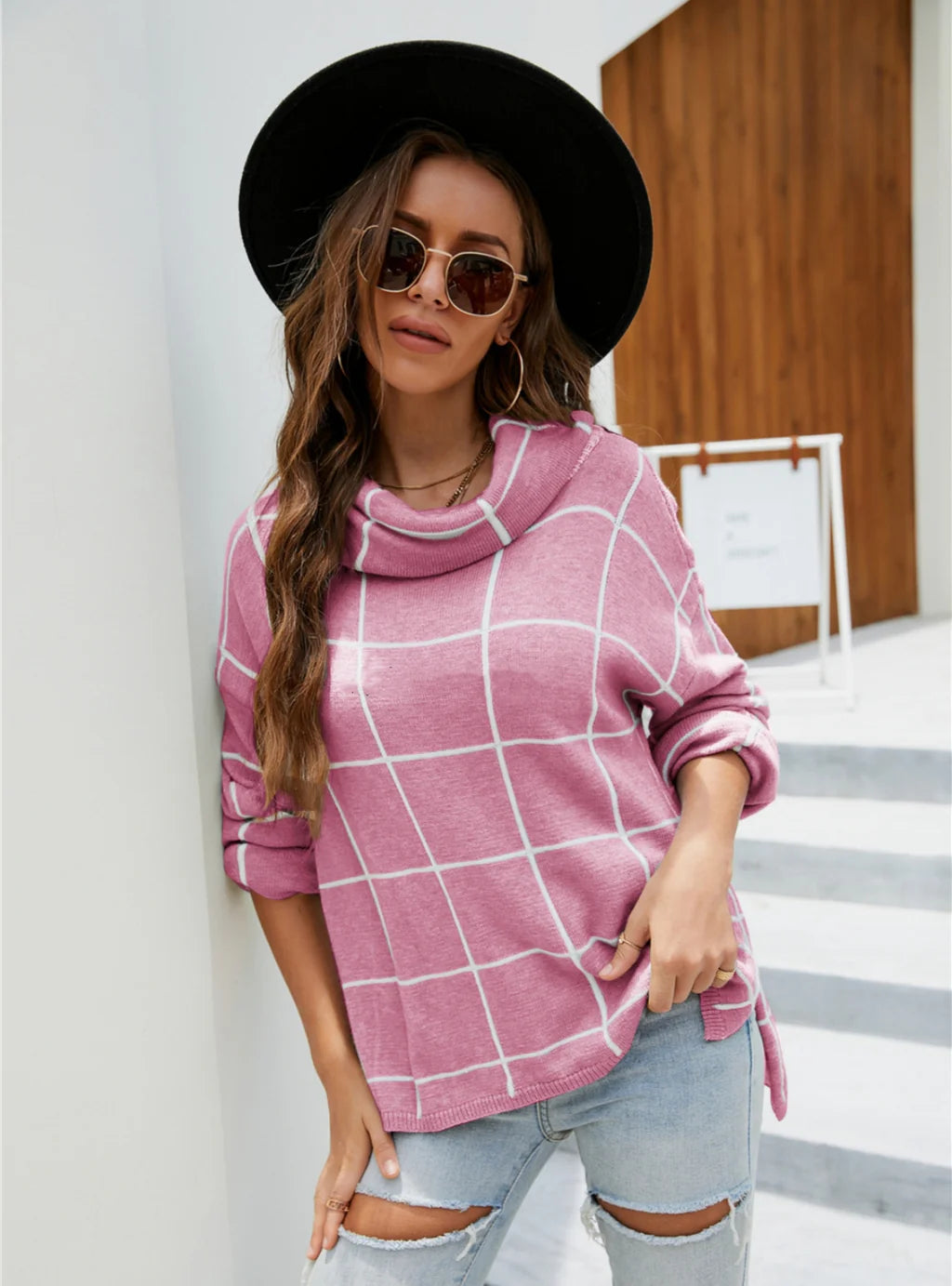 Checked Turtleneck Pullover Sweater Batwing Sleeve Top