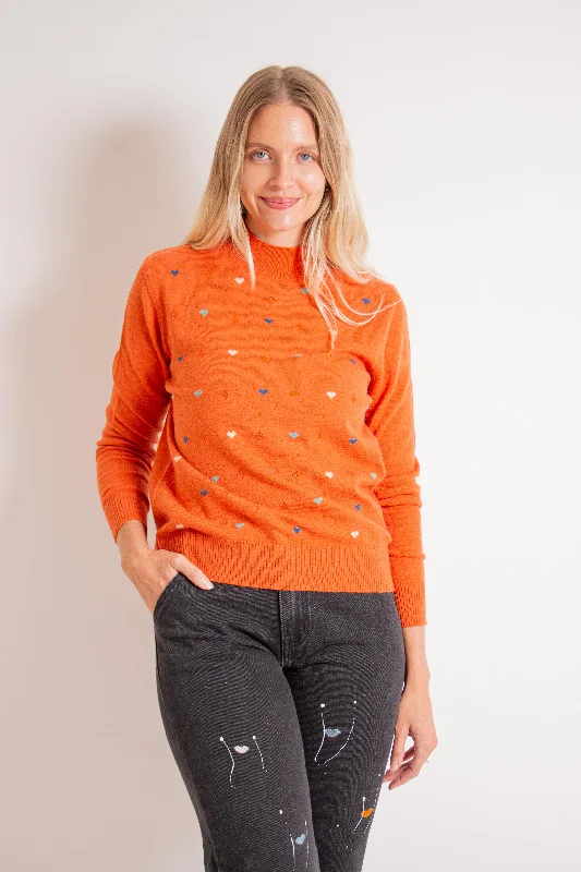 Burnt Orange Crystal Heart Sweater Front Pockets Side Pockets Patch Pockets