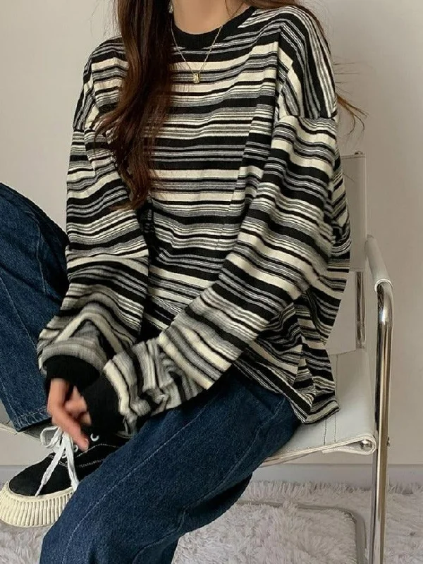 Vintage Striped Crew Neck Pullover Sweater Open Neck Pullover