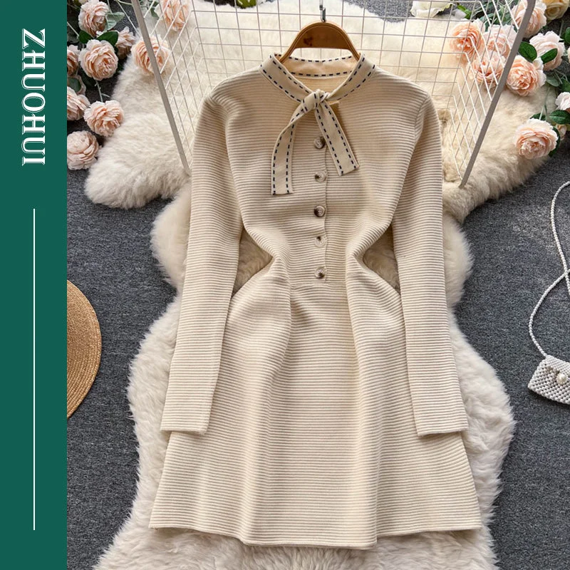 Chic Peter Pan Collar Bandage Tight Rib-Knit A-Line Dresses Women Lady Elegant Solid Slim Knitting Sweater Dress Satin Blend Silk Blend Wool Blend