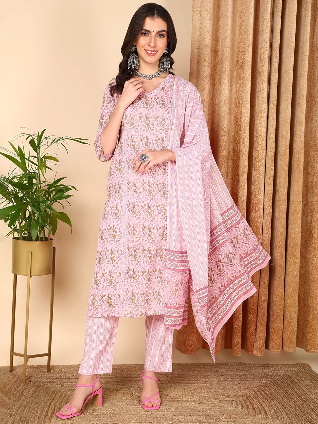Ahika Women Pink Pure Cotton Floral Printed Kurta Trouser With Dupatta Trousers High Rise Slim Fit Ahika Women Pink Pure Cotton Floral Printed Kurta Trouser With Dupatta Trousers High Rise Slim Fit