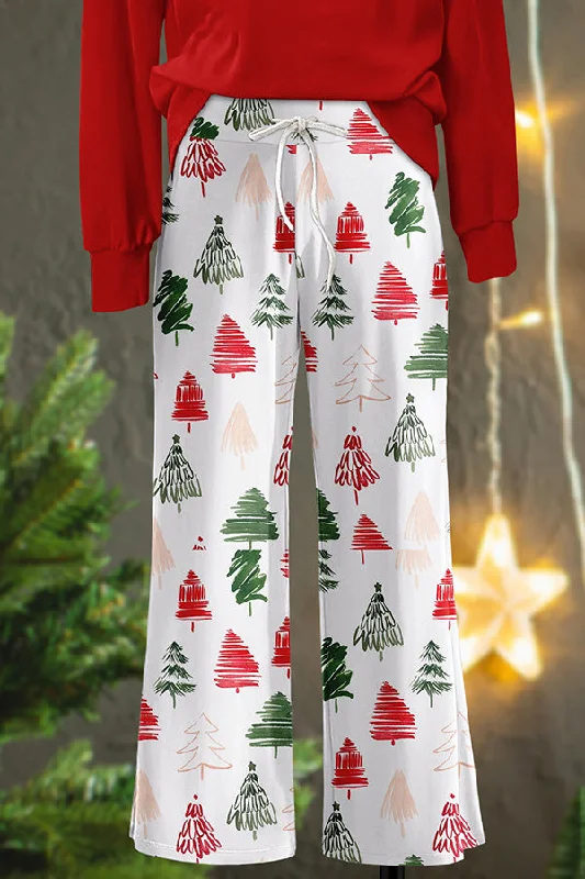 Vintage Christmas Tree Print Wide Leg Trousers Trousers Striped Patterned