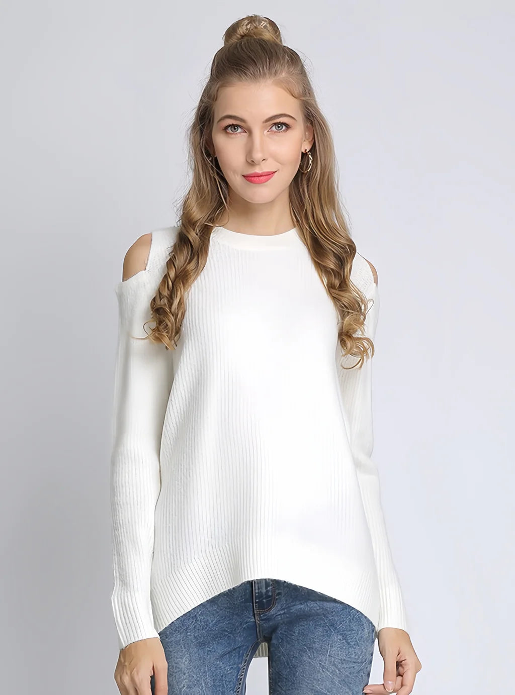 FASHION SOLID COLOR ROUND NECK LOOSE PULLOVER SWEATER Gathered Sleeve Pullover