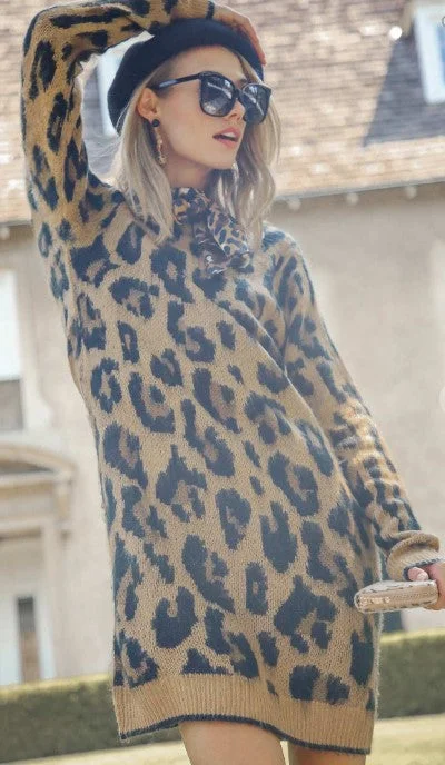 SASSY LEOPARD SWEATER DRESS Striped Floral Plaid