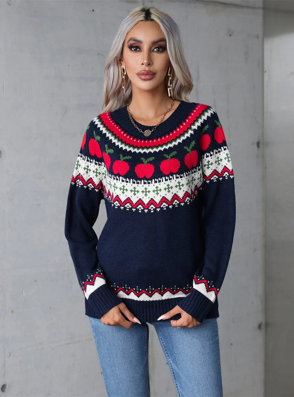 Christmas Printed Pullover Sweater Ribbed Crew Neck