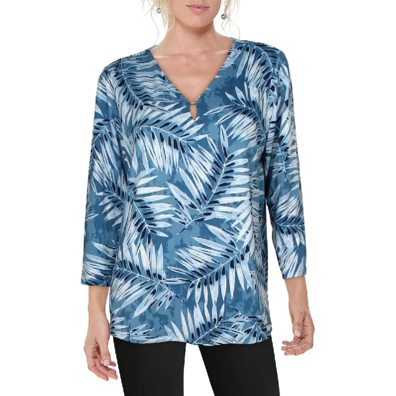 Womens Embellished Printed Pullover Top Oblong Neck Pullover