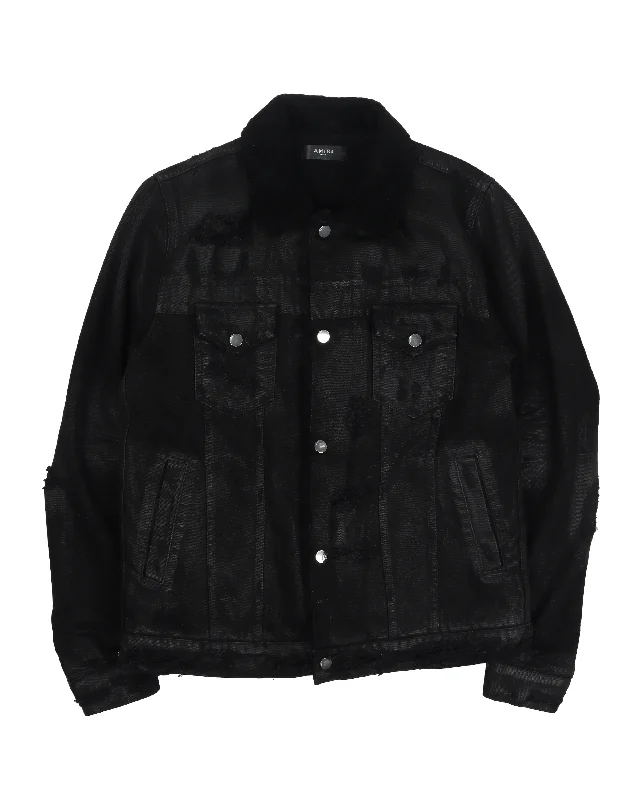 Killmonger Shearling Denim Trucker Jacket (Black) Fitted Jacket Loose Jacket Oversized Jacket