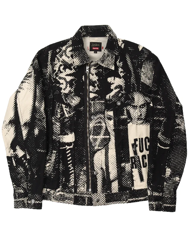 Jean Paul Gaultier 'Fuck Racism' Denim Jacket Notch Collar Jacket Peter Pan Collar Jacket Cowl Neck Jacket