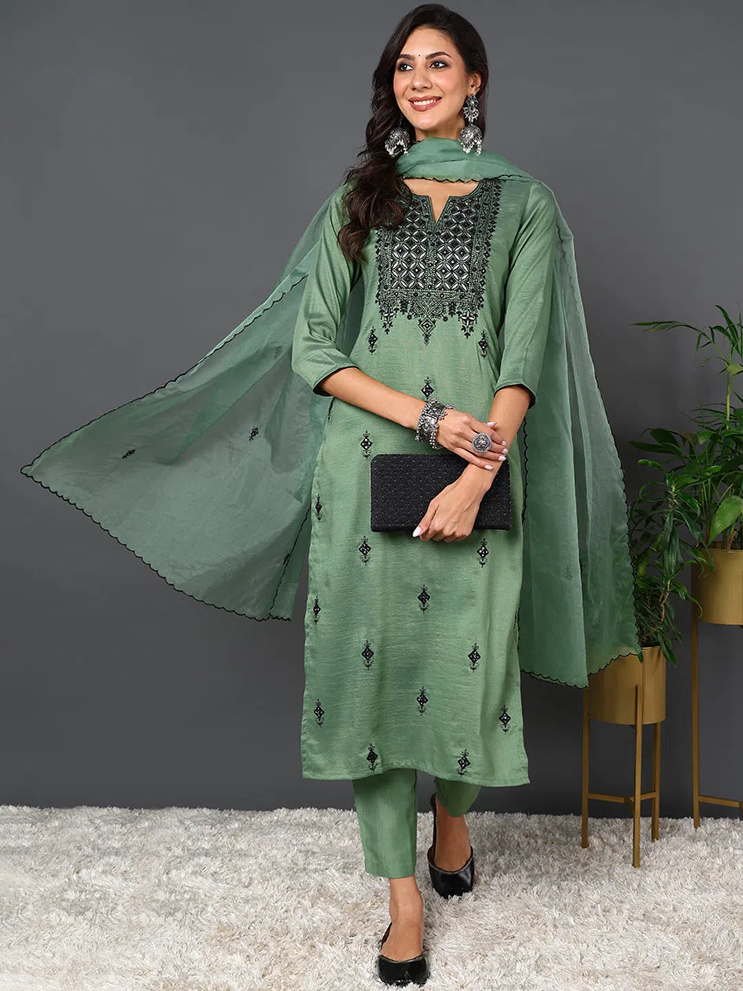 Ahika Women Green Silk Blend Solid Embroidered Kurta Trouser With Dupatta-PKSKD2031_S Trousers Elastic Waist Soft Ahika Women Green Silk Blend Solid Embroidered Kurta Trouser With Dupatta-PKSKD2031_S Trousers Elastic Waist Soft