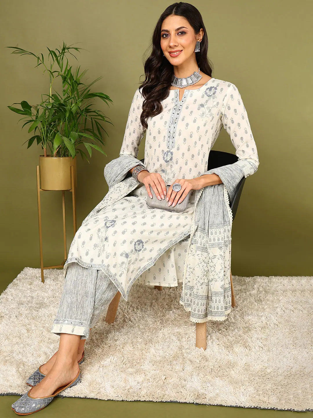 Ahika Women Off White Pure Cotton Striped Printed Kurta Trouser with Dupatta Trousers versatile functional Ahika Women Off White Pure Cotton Striped Printed Kurta Trouser with Dupatta Trousers versatile functional