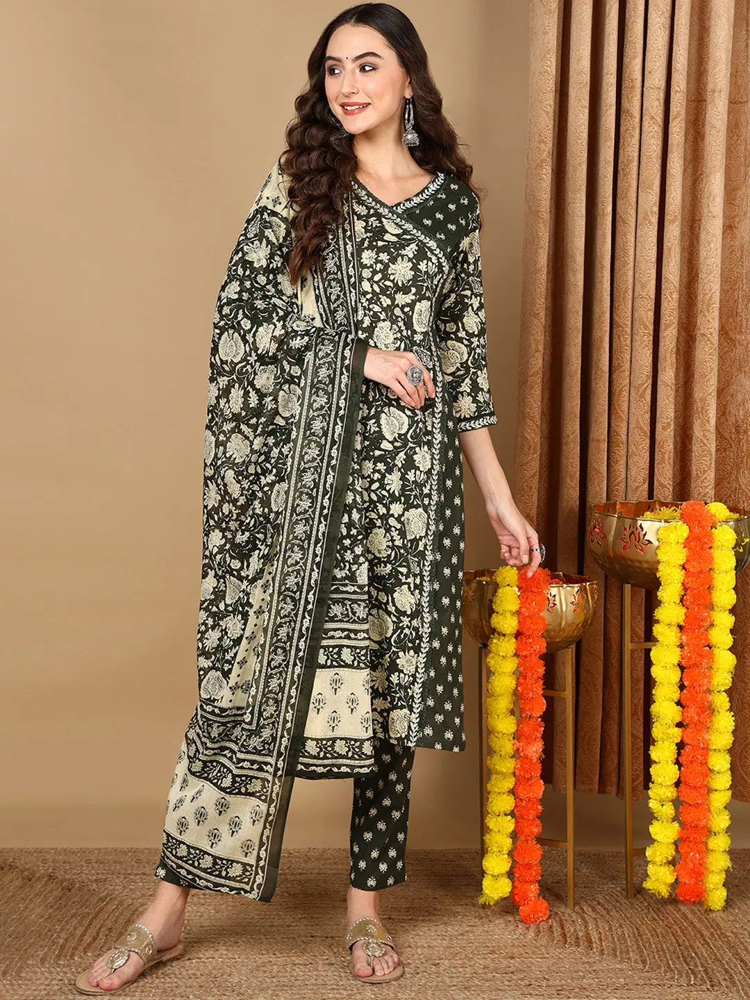 Ahika Women Green Cotton Floral Printed Angrakha Kurta Trouser With Dupatta Trousers versatile all-occasion Ahika Women Green Cotton Floral Printed Angrakha Kurta Trouser With Dupatta Trousers versatile all-occasion