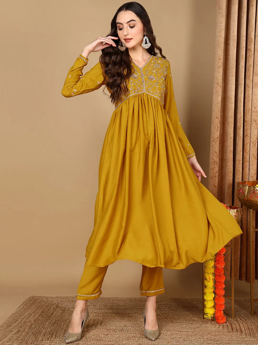 Ahika Women Yellow Silk Blend Solid Embroidered Anarkali Kurta Trouser With Dupatta Trousers trendy modern Ahika Women Yellow Silk Blend Solid Embroidered Anarkali Kurta Trouser With Dupatta Trousers trendy modern