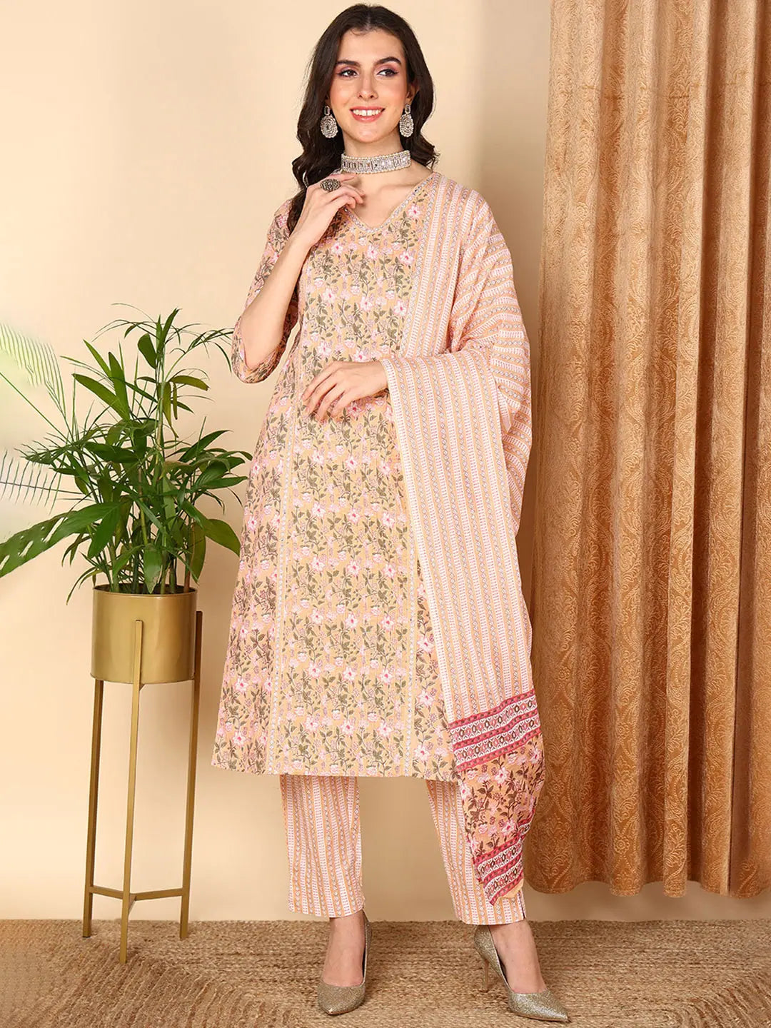 Ahika Women Peach Pure Cotton Floral Printed Kurta Trouser With Dupatta Trousers Flared Retro Ahika Women Peach Pure Cotton Floral Printed Kurta Trouser With Dupatta Trousers Flared Retro
