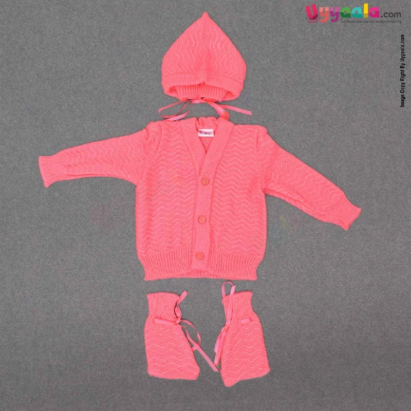 LITTLE ANGELS Full Sleeves Front Open Sweater With Cap & Socks For Babies - Pink 0-3m Glossy Satin Silk