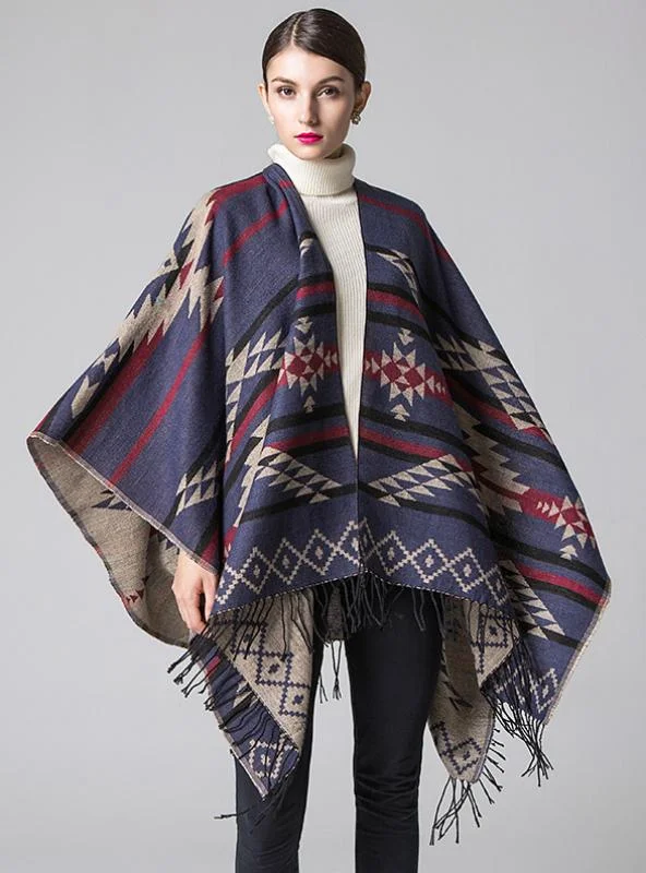 GEOMETRIC RHOMBIC TASSEL CAPE WITH SPLIT SHAWL Soft Faux Fur Shawl