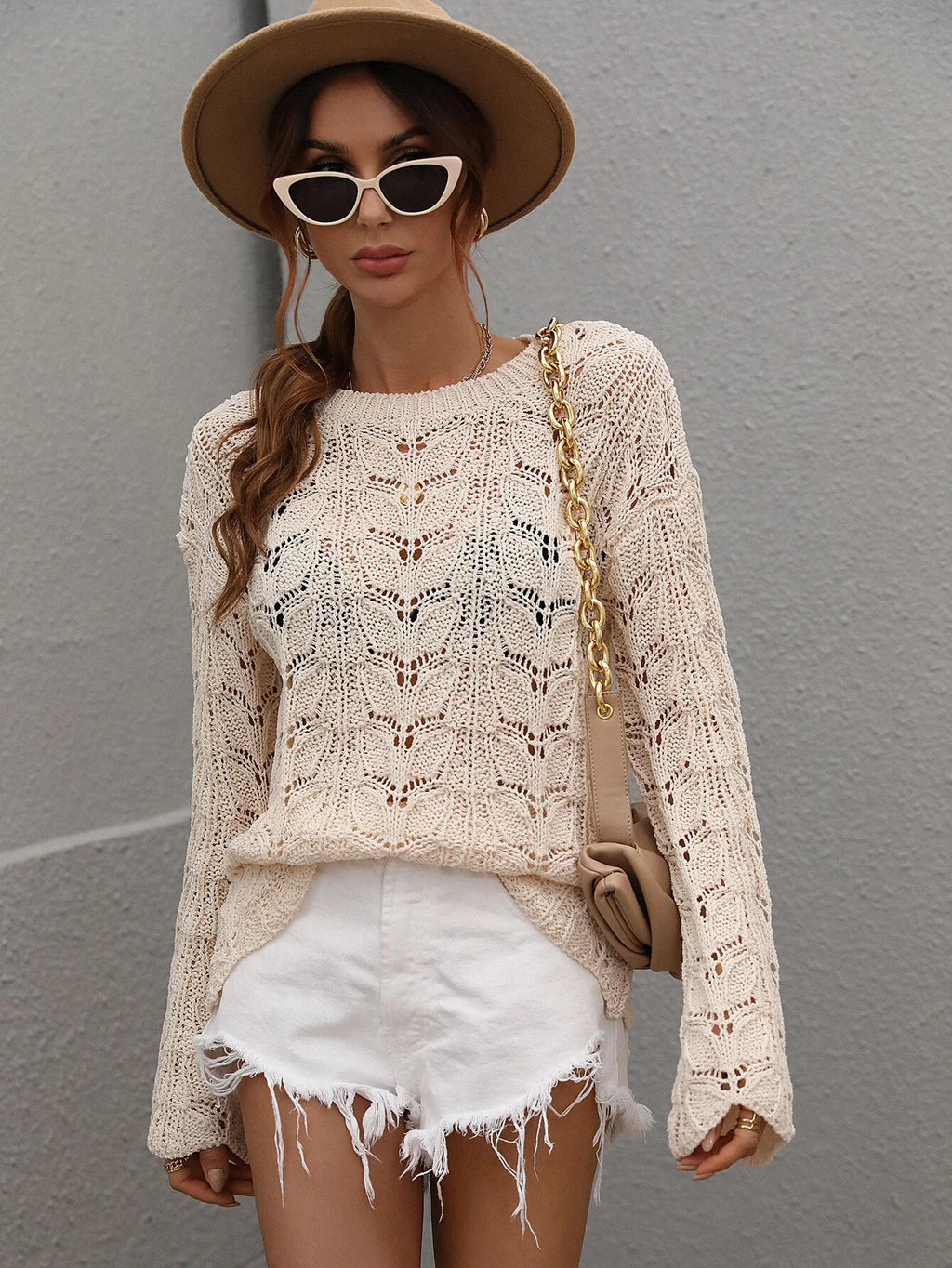 FASHION CROCHETED HOLLOW PULLOVER ROUND NECK LOOSE SWEATER Cowl Neck Pullover