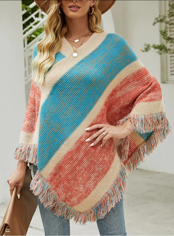 COLORED STRIPED KNITTED CLOAK FRINGED SHAWL Trendy Long Knit Shawl