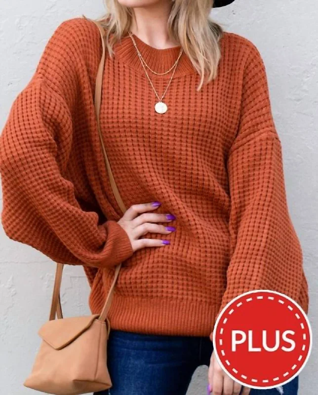 Cozy And Soft Waffle Basic Pullover Sweater In Rust Tapered Sleeve Pullover