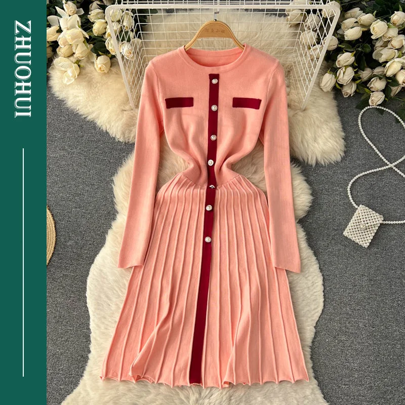 Chic Peter Pan Collar Long Sleeve Patchwork Pearl Button Trim Knit Dress Women Elegant Contrast Color Office Sweater Dresses Solid Print Embellished