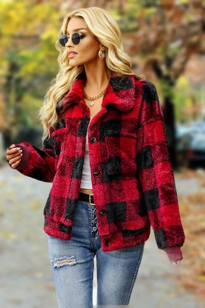 Collared Buffalo Plaid Jacket - Red Notch Collar Peter Pan Collar Cowl Neck