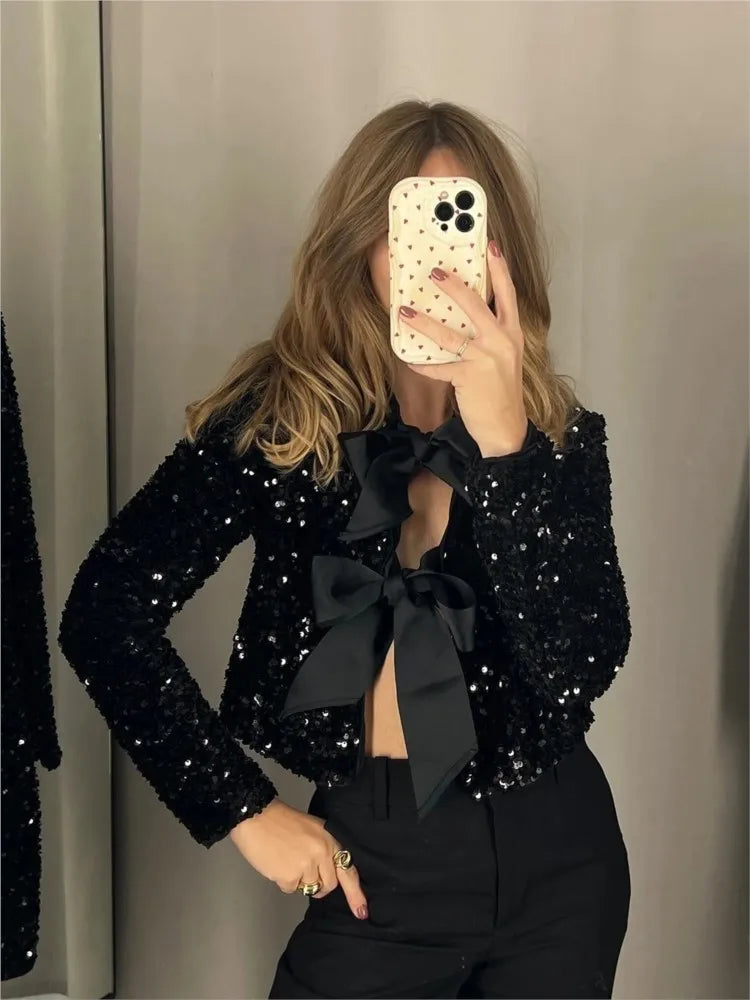 Fashion Sequin Bow Lace Up Women Jacket Chic Shiny O-neck Long Sleeve Y2k Cropped Coat Female Solid Party Outerwear Cotton Jacket Linen Jacket Terry Jacket