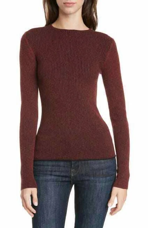 Two Tone Wool Cashmere Ribbed Pullover In Red Port Neck Pullover