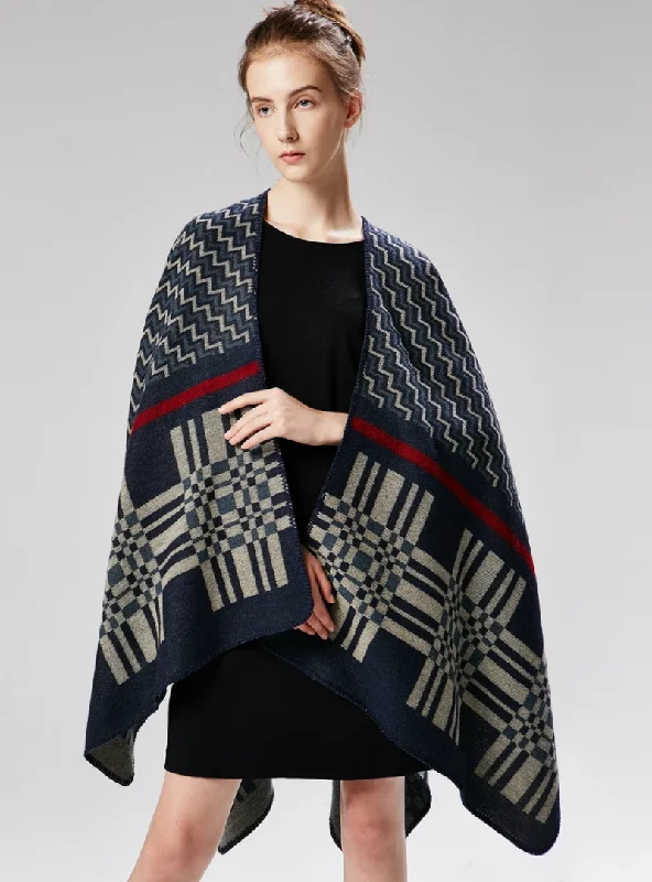 CROSS WAVY GEOMETRY CASHMERE SHAWL CAPE Warm Knit Shawl Wrap