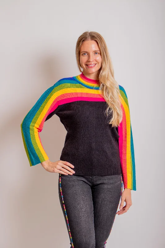 Rainbow Striped Funnel Neck Sweater Elasticated Padded Insulated