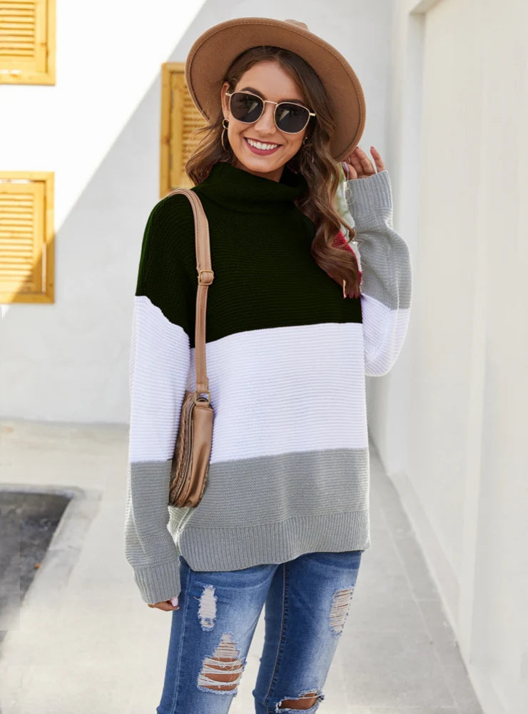 Spliced Color Turtleneck Long Sleeve Pullover Sweater Deep Neck Pullover