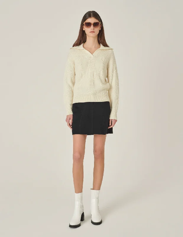 MARYLING Lapel Collar Long-Sleeve Cream-Colored Knitted Pullover Spaghetti Sleeve Top MARYLING Lapel Collar Long-Sleeve Cream-Colored Knitted Pullover Spaghetti Sleeve Top