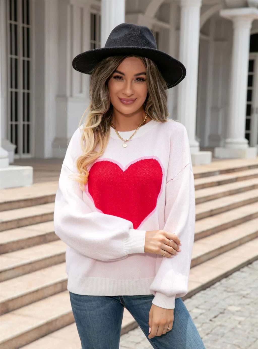 Love Heart Round Neck Pullover Sweater Box Sleeve Comfort