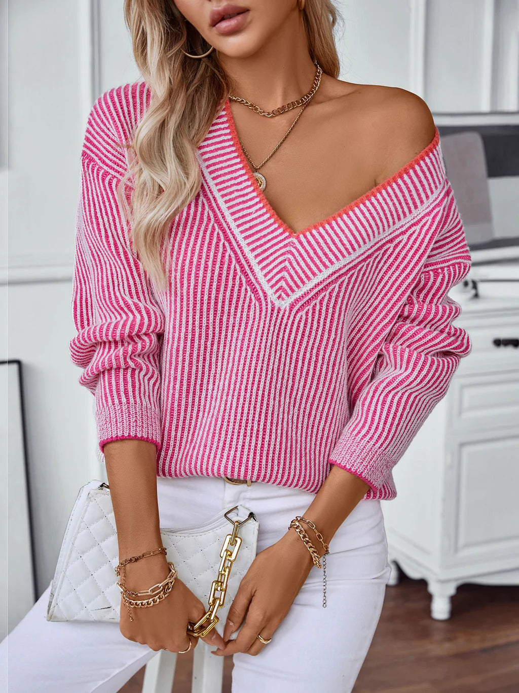 Casual Pullover Loose V-neck Striped Sweater Chunky Knit Pullover