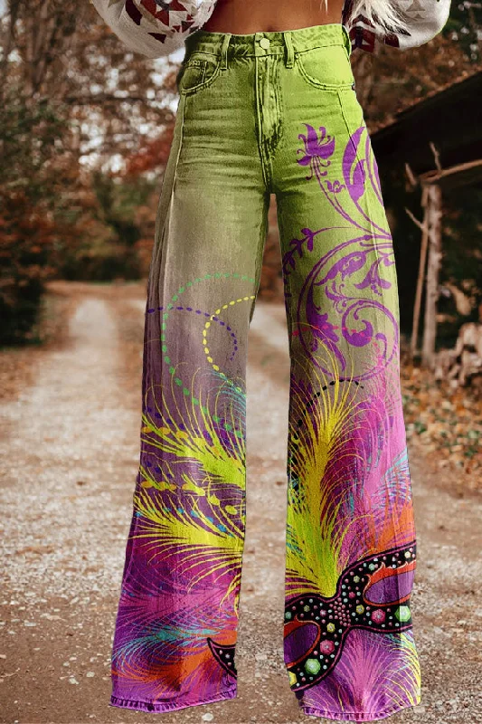 Vintage Mardi Gras Print Wide Leg Trousers Trousers stylish modern