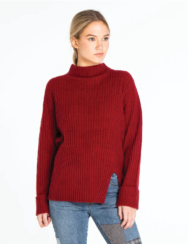 Dark Red, Mock Neck Sweater Zippered Front Buttoned Front Snap Front