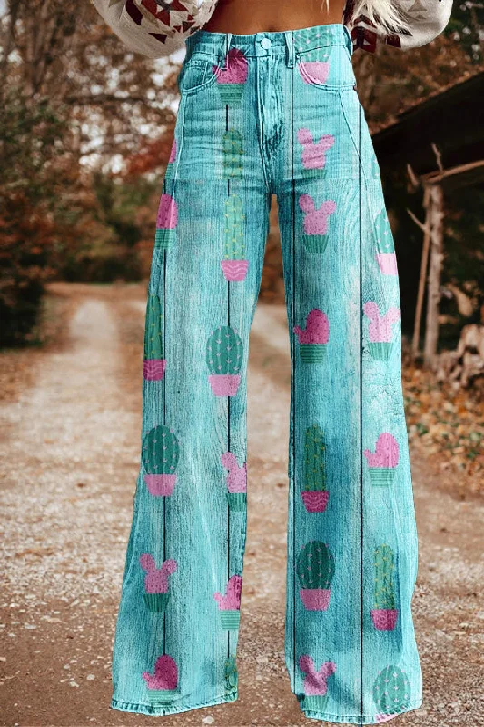 Vintage Western Cactus Print Wide Leg Trousers Trousers Striped Patterned